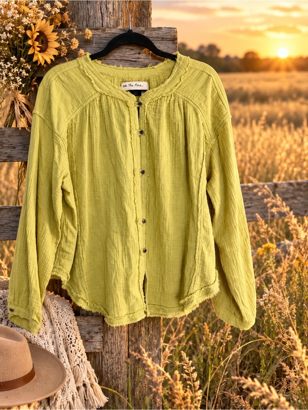 We The Free Chartreuse Button-Front Cotton Gauze Shirt